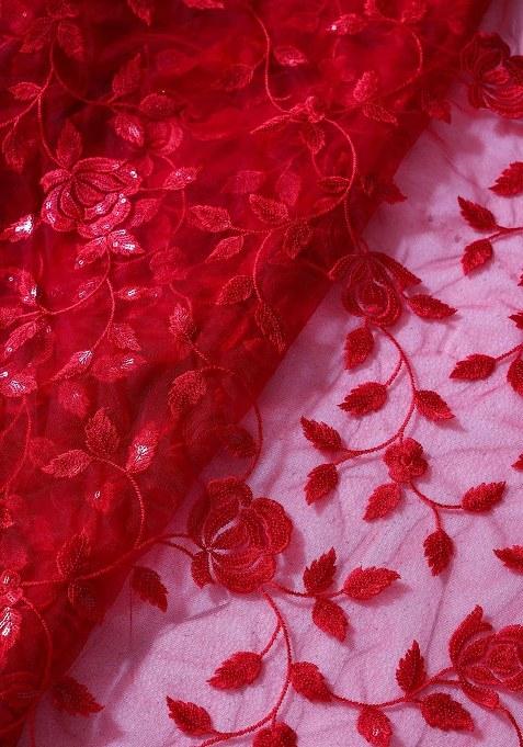 Girls Red Embroidered Net Sharara Set