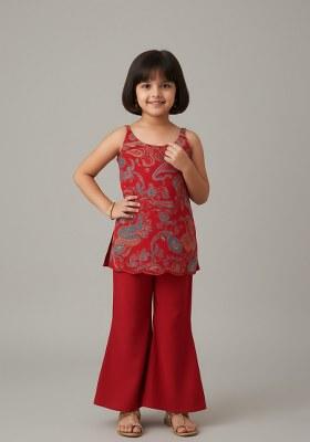 Girls Red Embroidered Georgette Sharara Set