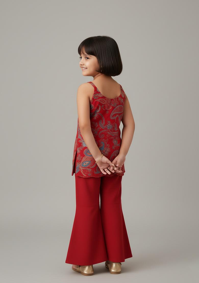 Girls Red Embroidered Georgette Sharara Set - Indya