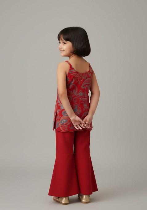 Girls Red Embroidered Georgette Sharara Set