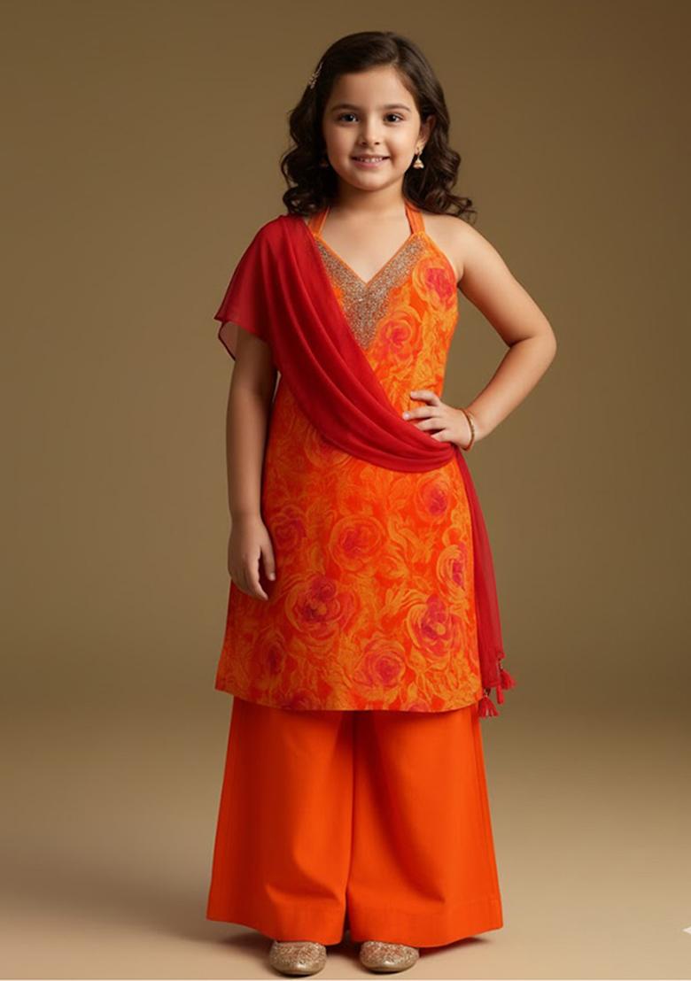 Girls Orange Floral Print Georgette Sharara Set - Indya