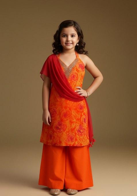 Girls Orange Floral Print Georgette Sharara Set