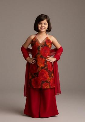 Girls Red Floral Print Georgette Sharara Set