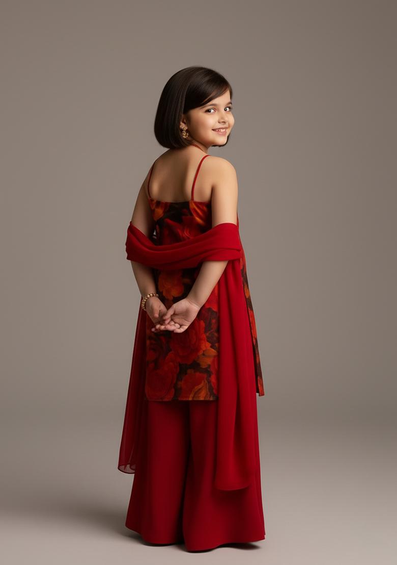 Girls Red Floral Print Georgette Sharara Set - Indya