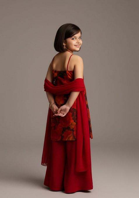Girls Red Floral Print Georgette Sharara Set