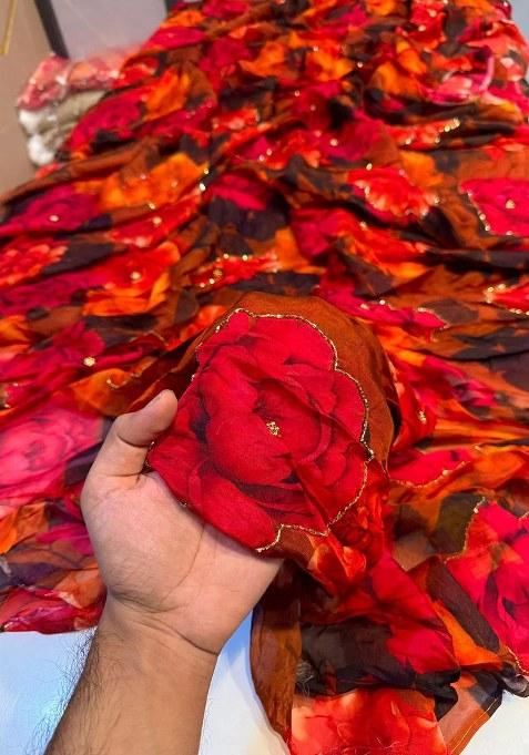 Girls Red Floral Print Georgette Sharara Set