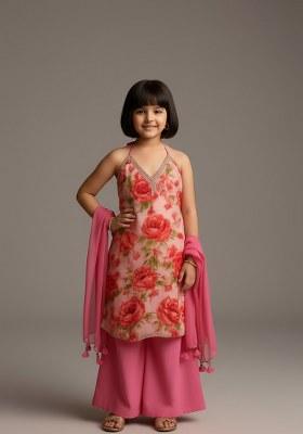 Girls Pink Floral Print Georgette Sharara Set