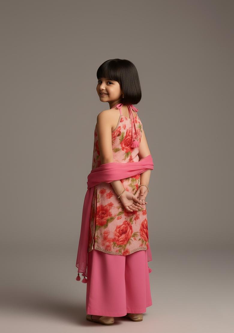 Girls Pink Floral Print Georgette Sharara Set - Indya