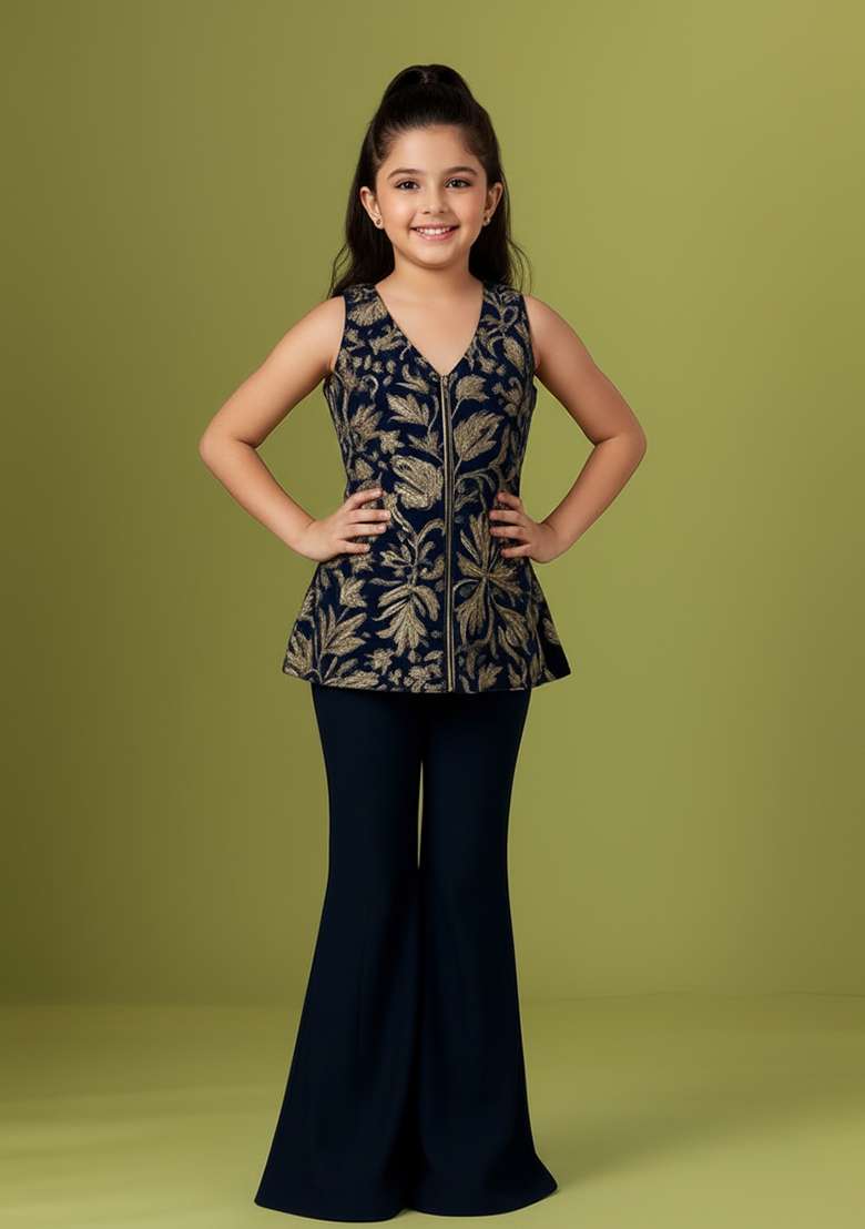 Girls Navy Blue Embroidered Georgette Sharara Set - Indya