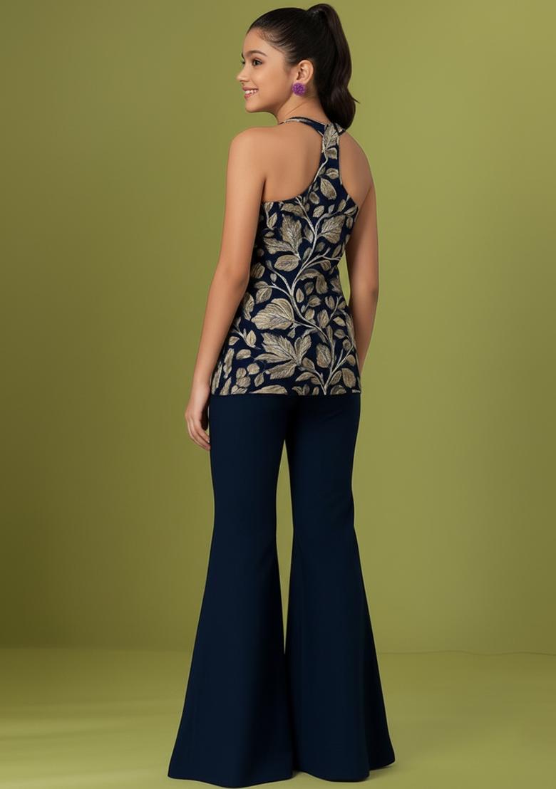 Girls Navy Blue Embroidered Georgette Sharara Set - Indya