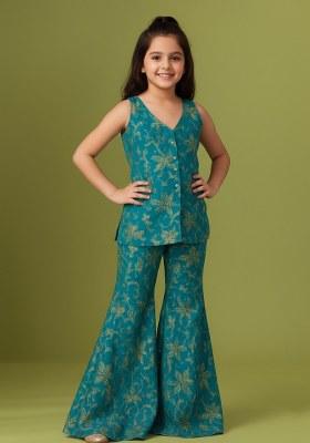 Girls Blue Embroidered Georgette Sharara Set
