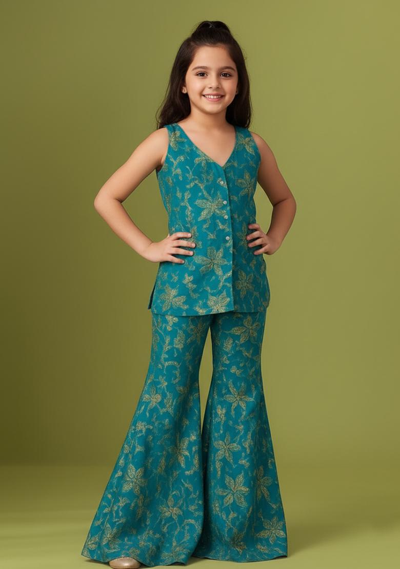 Girls Blue Embroidered Georgette Sharara Set