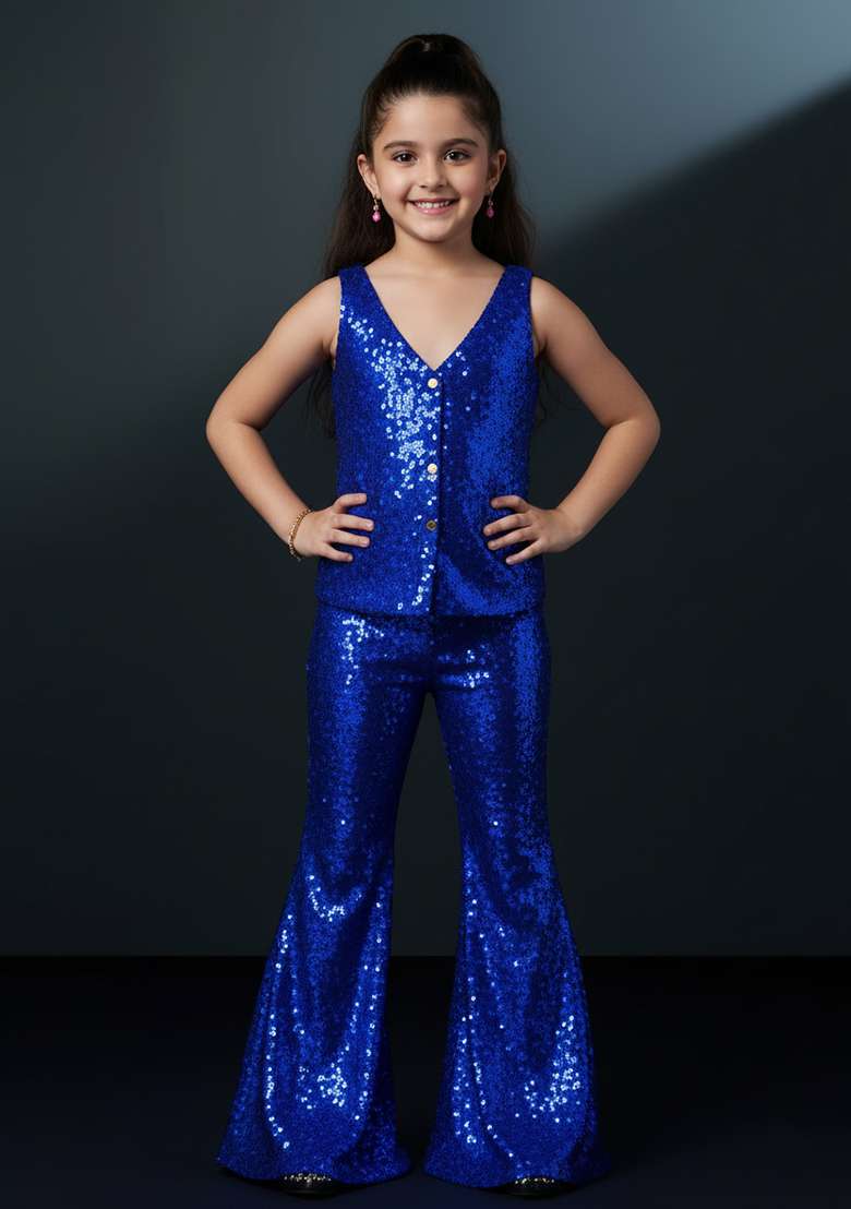 Girls Navy Blue Sequin Georgette Sharara Set - Indya