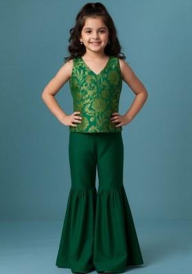 Girls Green Embroidered Georgette Sharara Set