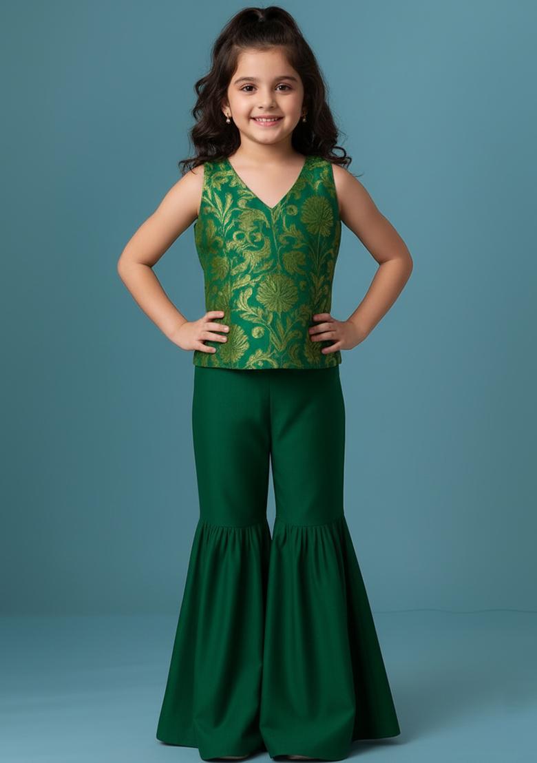 Girls Green Embroidered Georgette Sharara Set