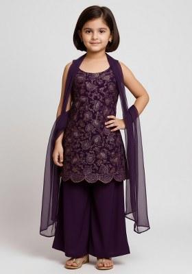 Girls Purple Embroidered Net Sharara Set