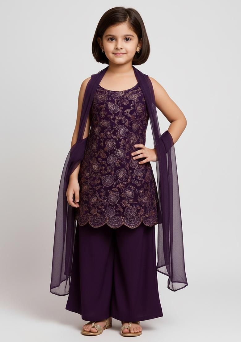 Girls Purple Embroidered Net Sharara Set