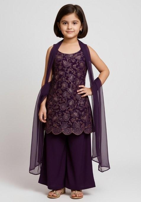 Girls Purple Embroidered Net Sharara Set