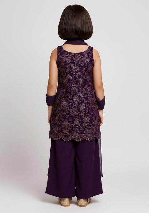 Girls Purple Embroidered Net Sharara Set