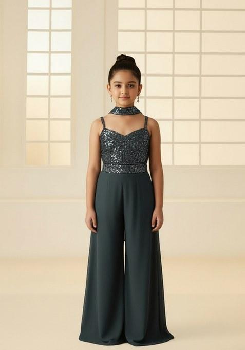 Girls Grey Sequin Georgette Fusion Set