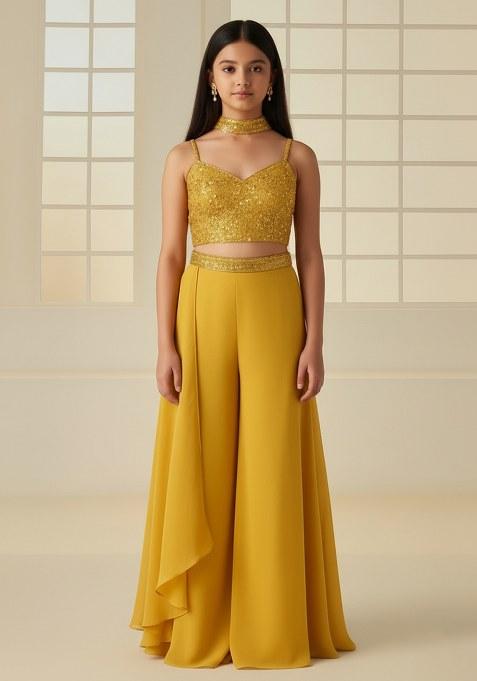 Girls Yellow Sequin Georgette Fusion Set