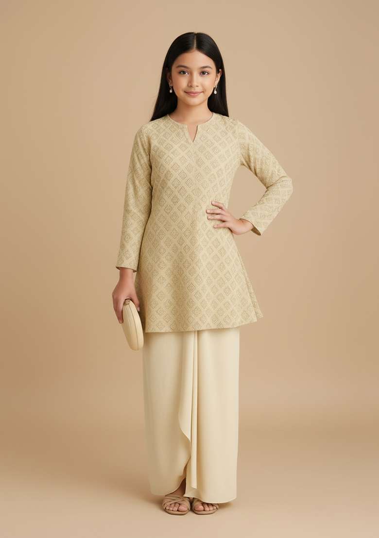 Girls Lemon Green Embroidered Georgette Kurta Set - Indya