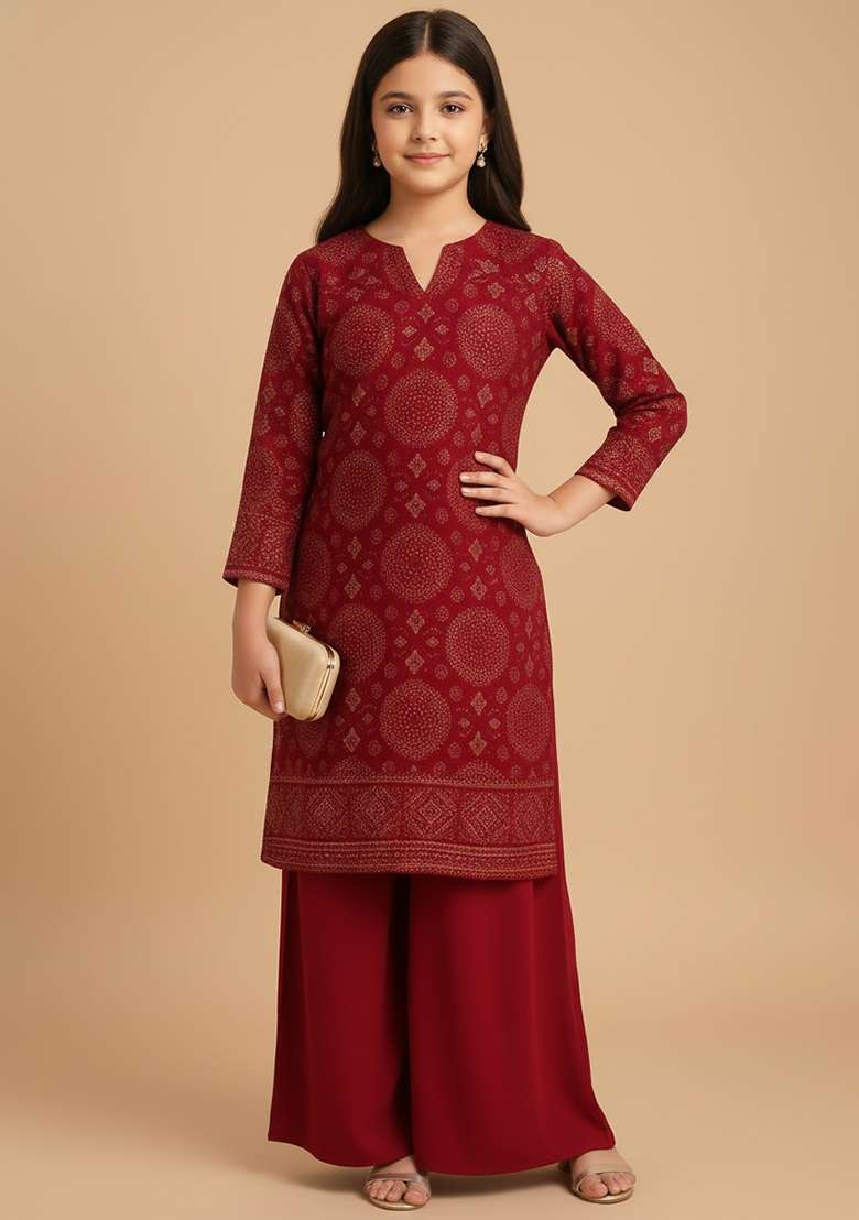 Girls Red Sequin Tissue Kurta Set - Indya