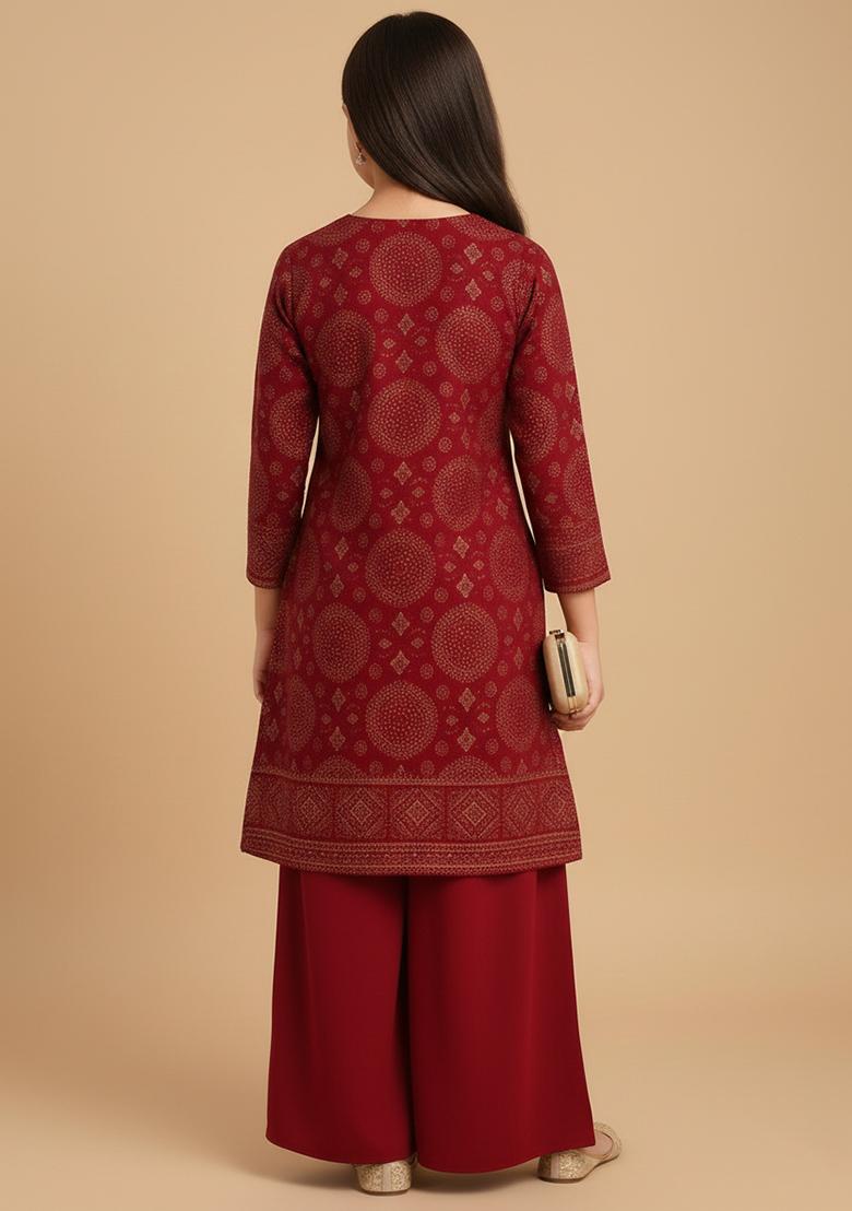 Girls Red Sequin Tissue Kurta Set - Indya