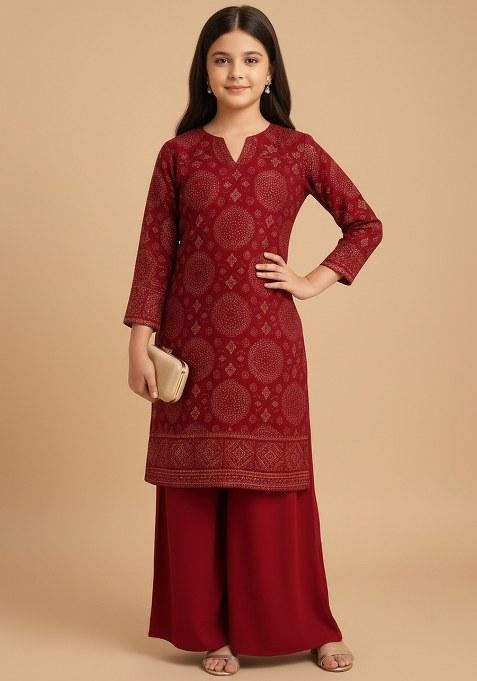 Girls Red Sequin Tissue Kurta Set