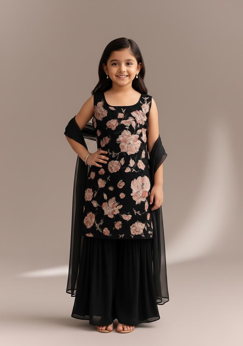 Girls Black Embroidered Silk Sharara Set