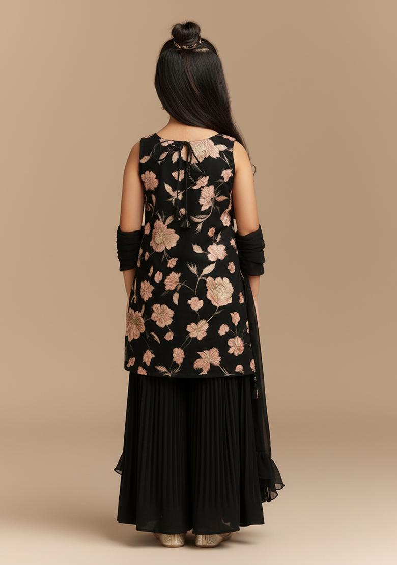 Girls Black Embroidered Silk Sharara Set - Indya