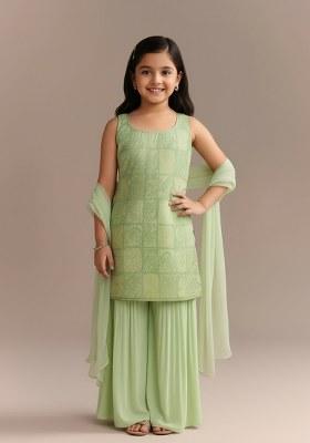 Girls Sage Green Brocade Sharara Set