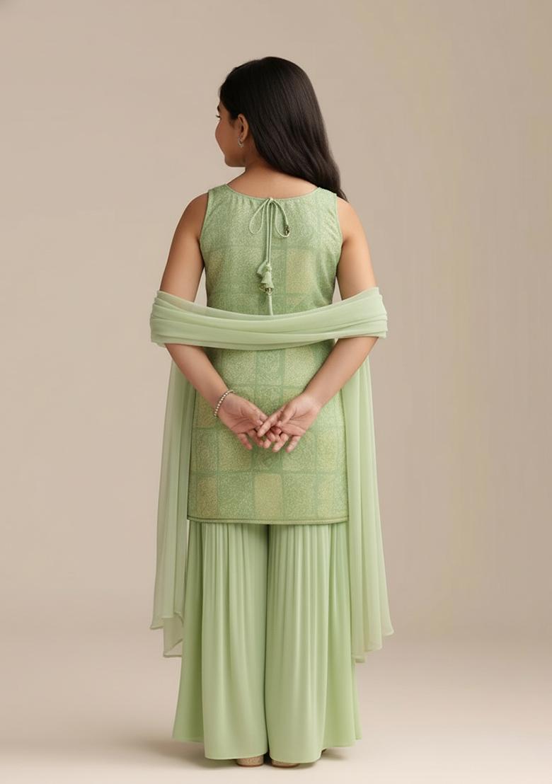 Girls Sage Green Brocade Sharara Set - Indya