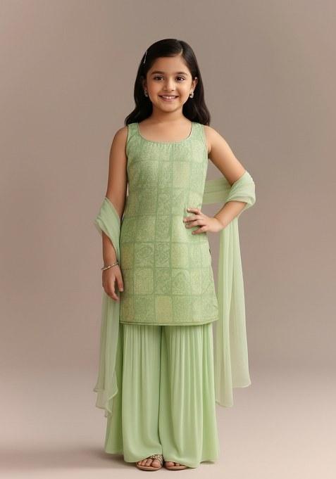 Girls Sage Green Brocade Sharara Set