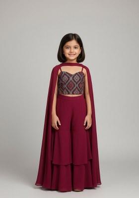 Girls Maroon Embroidered Velvet Sharara Set