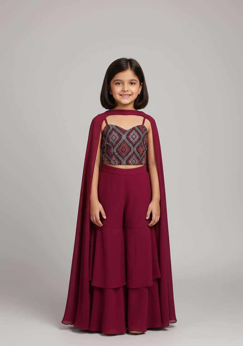 Girls Maroon Embroidered Velvet Sharara Set - Indya