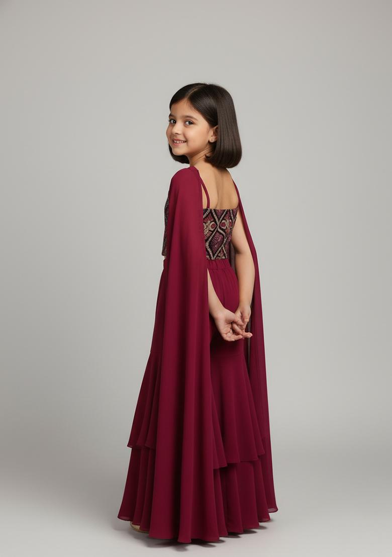 Girls Maroon Embroidered Velvet Sharara Set - Indya