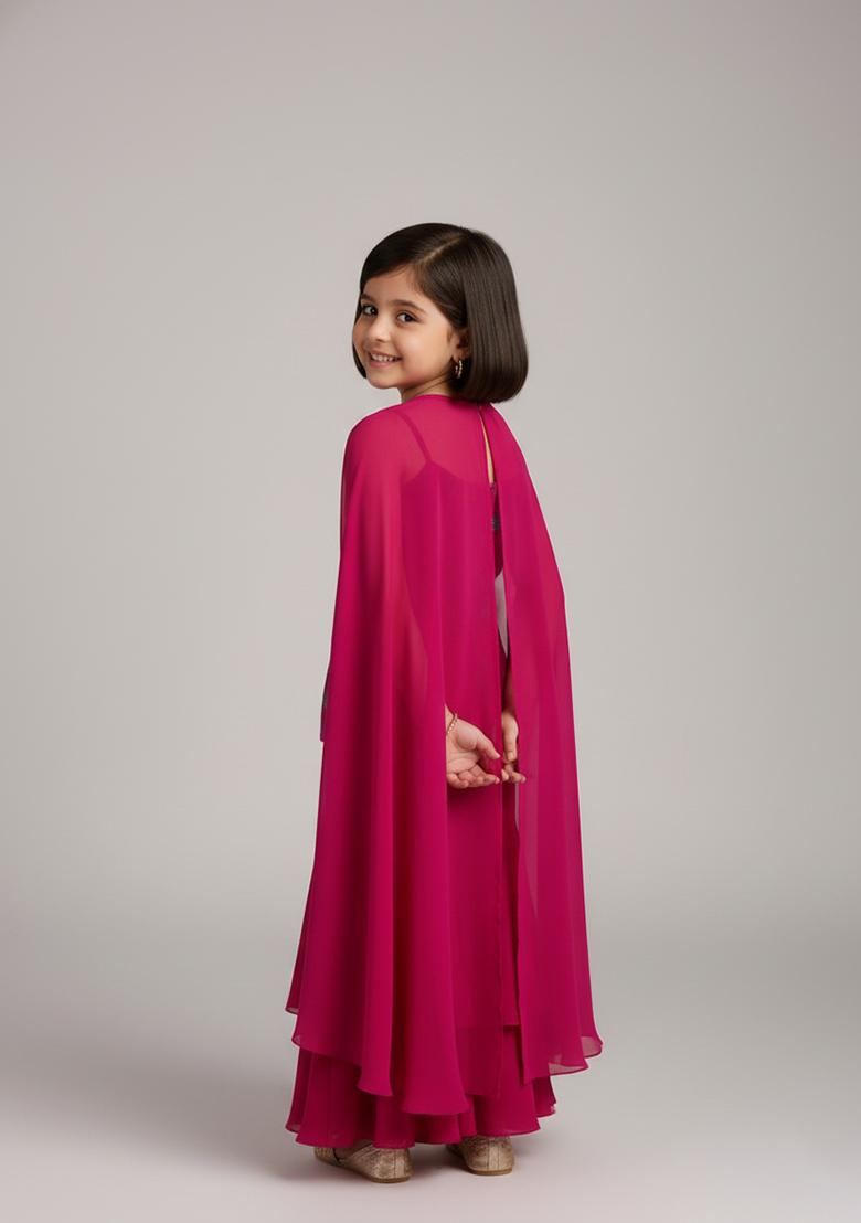 Girls Rani Pink Embroidered Silk Sharara Set - Indya