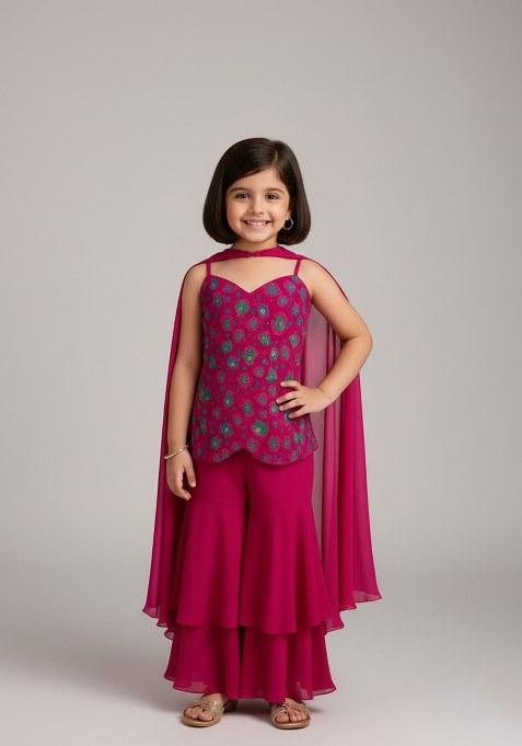 Girls Rani Pink Embroidered Silk Sharara Set