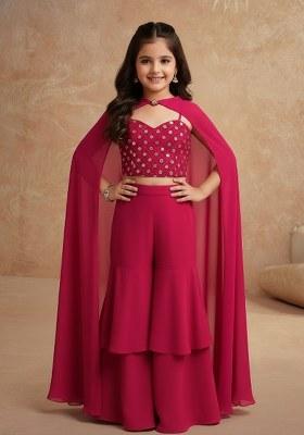 Girls Magenta Pink Embellished Silk Sharara Set