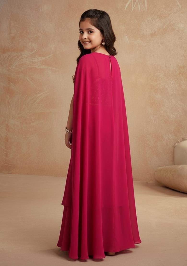 Girls Magenta Pink Embellished Silk Sharara Set - Indya
