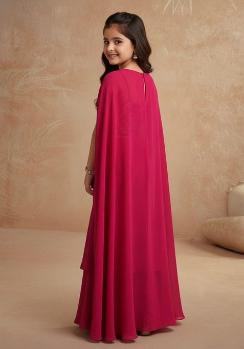 Girls Magenta Pink Embellished Silk Sharara Set