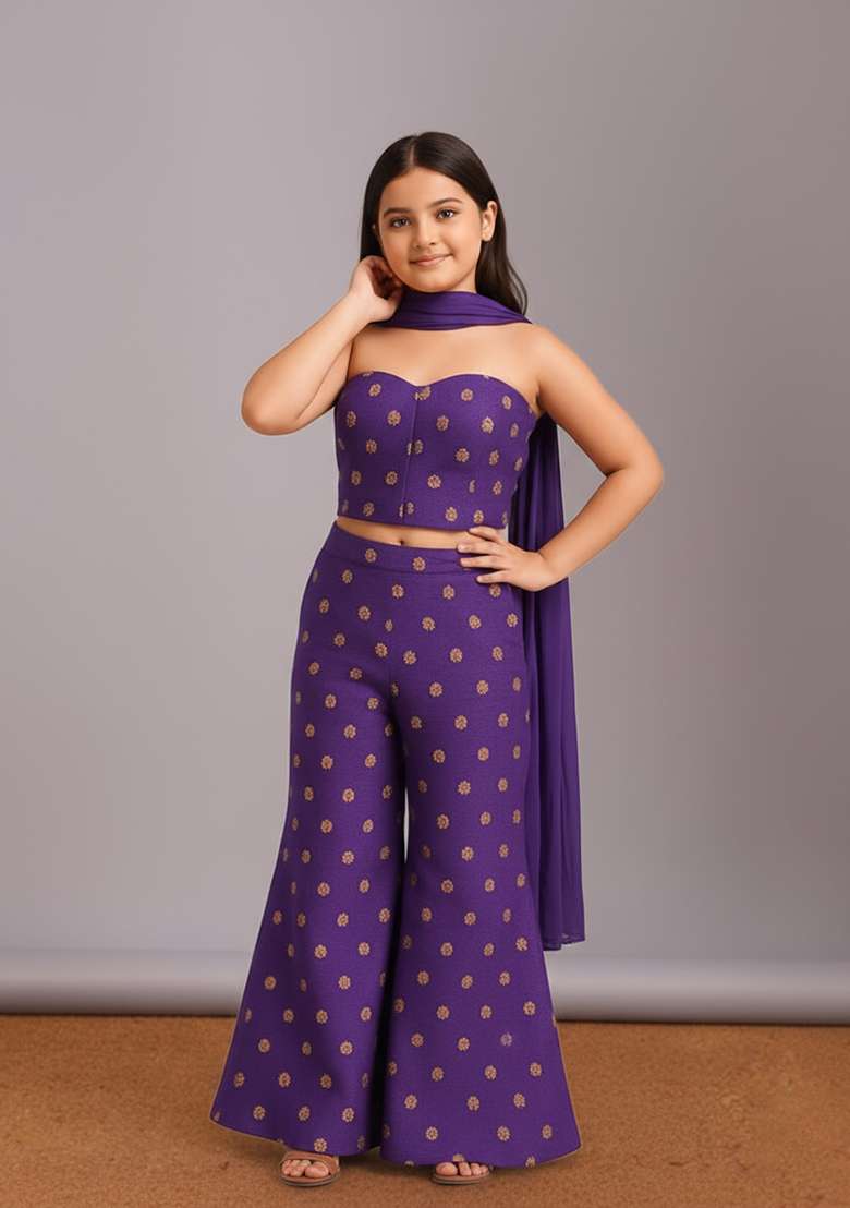 Girls Purple Floral Print Tissue Fusion Set - Indya