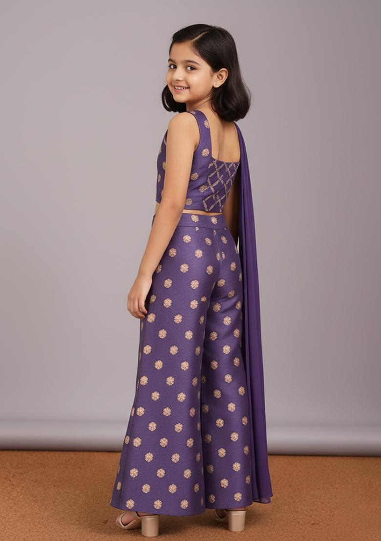 Girls Purple Floral Print Tissue Fusion Set - Indya