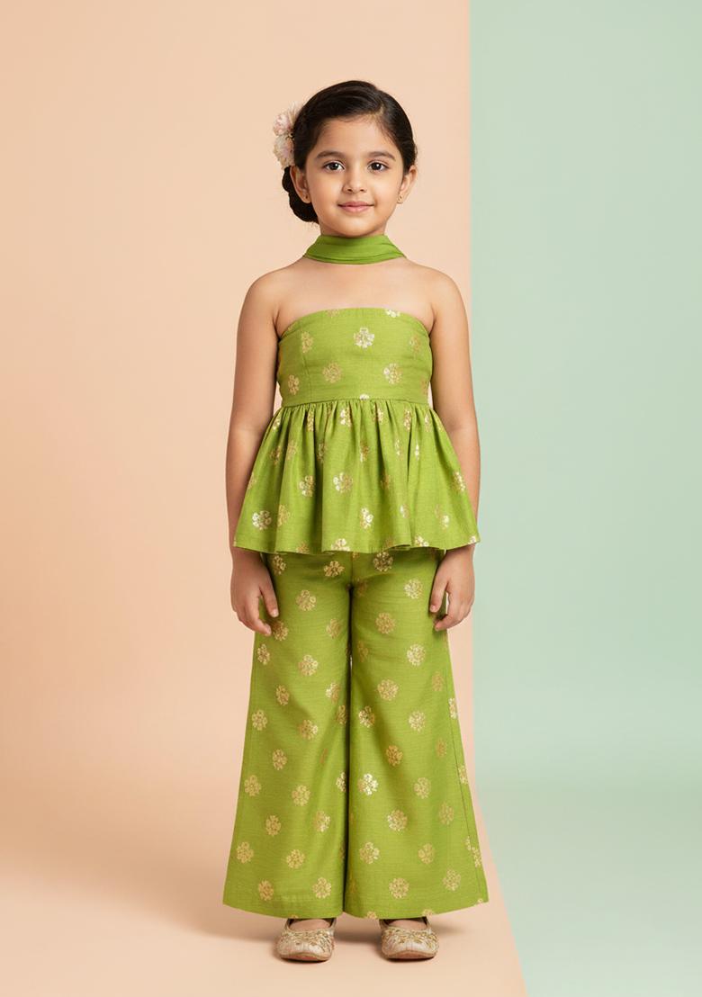 Girls Green Floral Print Tissue Fusion Set