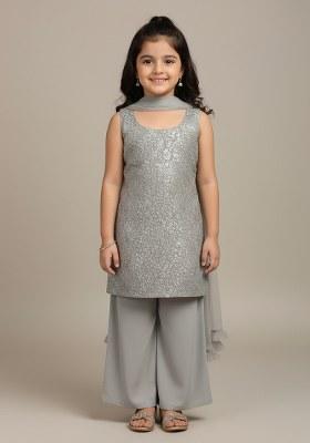 Girls Grey Embellished Net Sharara Set