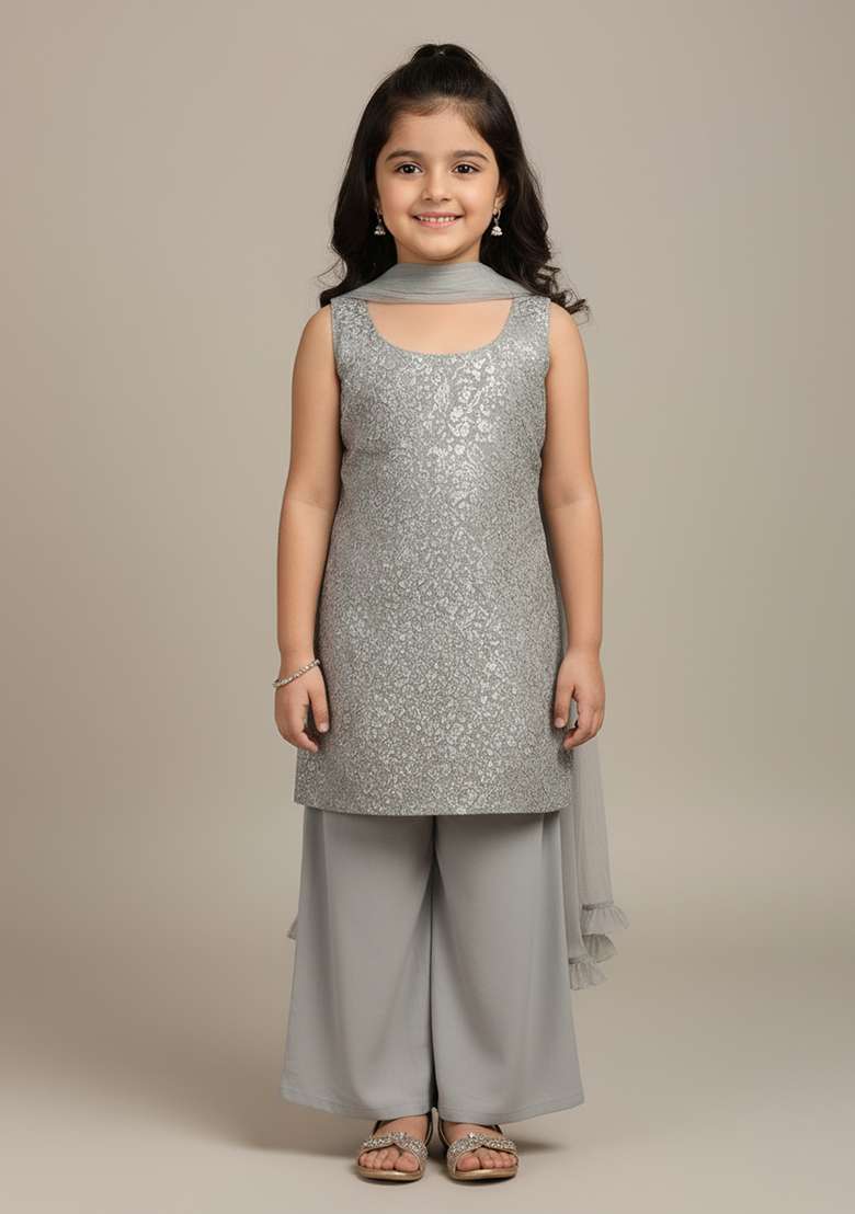 Girls Grey Embellished Net Sharara Set - Indya