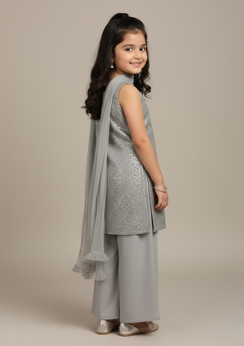 Girls Grey Embellished Net Sharara Set - Indya