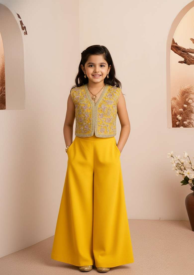 Girls Yellow Embroidered Georgette Fusion Set - Indya