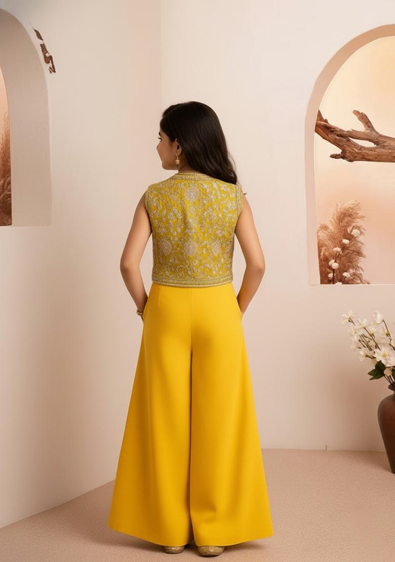 Girls Yellow Embroidered Georgette Fusion Set - Indya